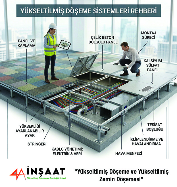 Yükseltilmiş döşeme sistemleri teknik bileşenleri, panel türleri ve alt yapı tesisat yönetimini gösteren detaylı infografik rehber.