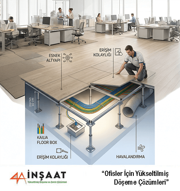 Ofisler için yükseltilmiş döşeme çözümleri, sunta özlü paneller ve karo halı uygulaması