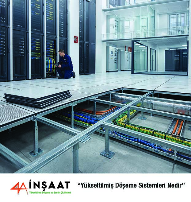 Yükseltilmiş döşeme sistemleri nedir sorusuna yanıt veren teknik panel ve ayak montaj detayı